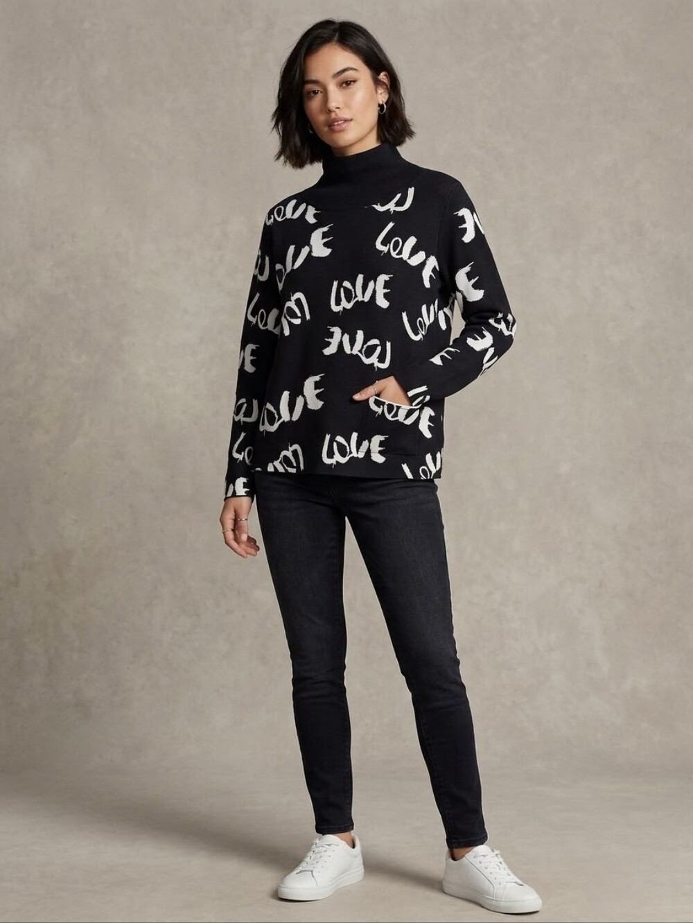 Charlie B Black White Love Script Turtleneck Cotton Knit Sweater Pocket Small